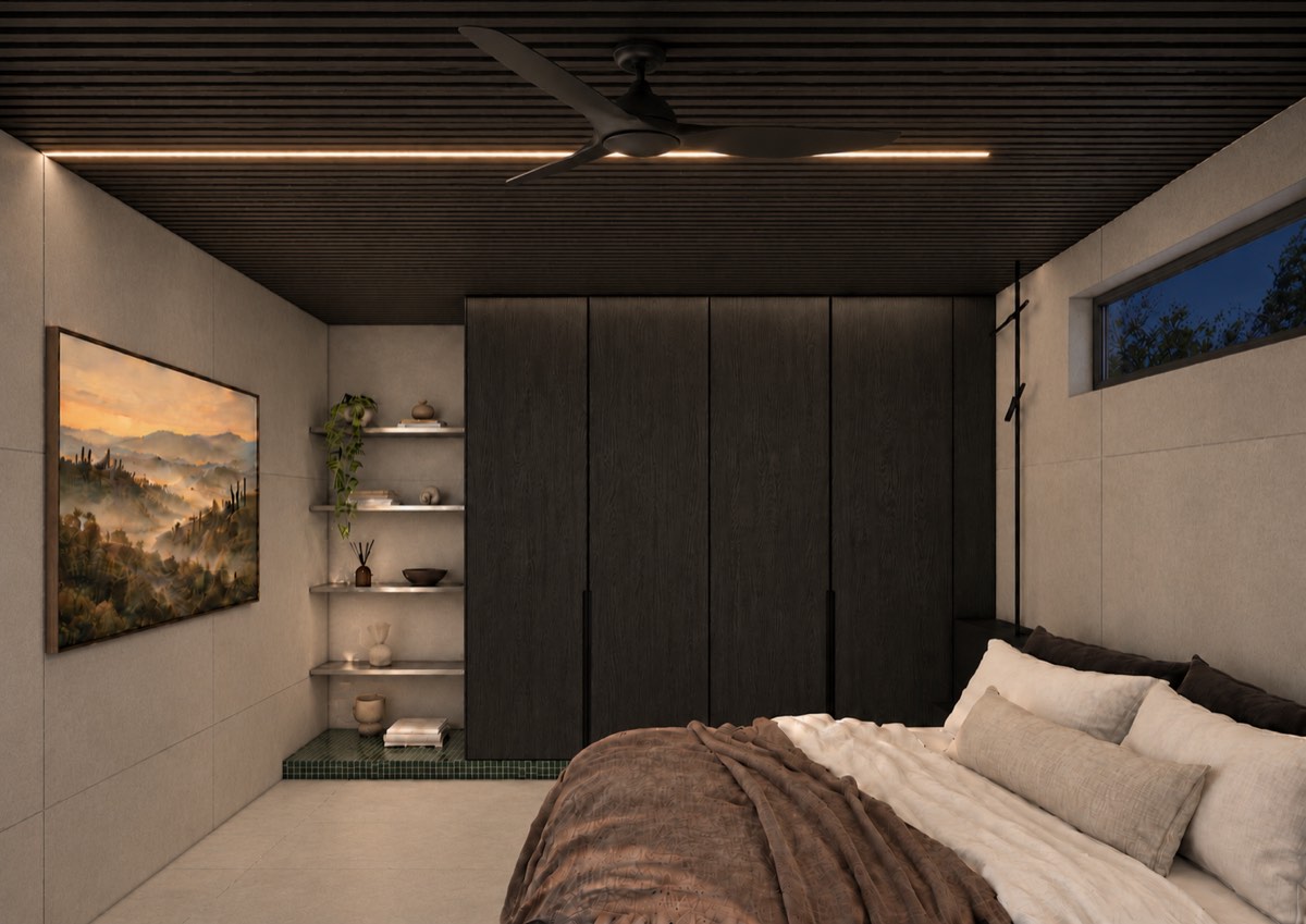 The bedroom of SOLUM Plus in Sage, with dark oak joinery, after dark