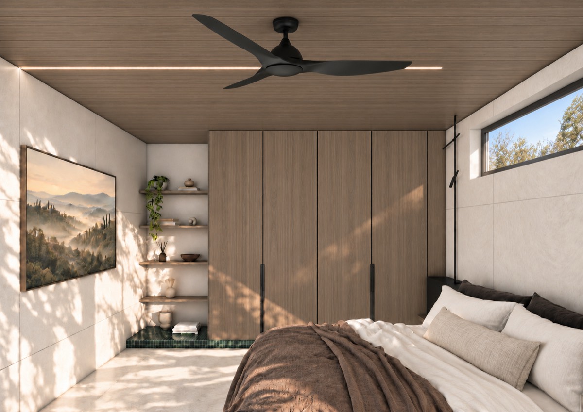 The bedroom of SOLUM Plus in Sage, with raw walnut joinery