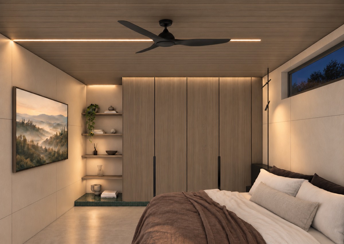 The bedroom of SOLUM Plus in Sage, with raw walnut joinery, after dark