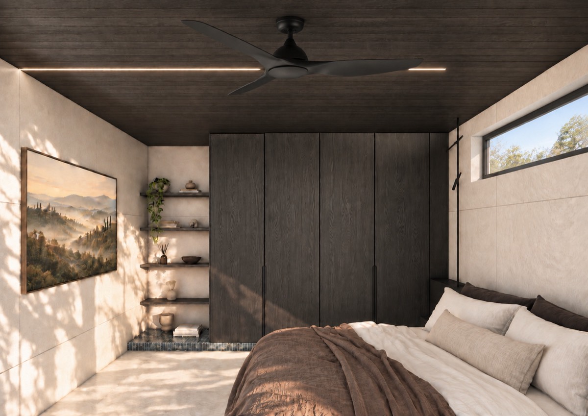 The bedroom of SOLUM Plus in Tide, with dark oak joinery
