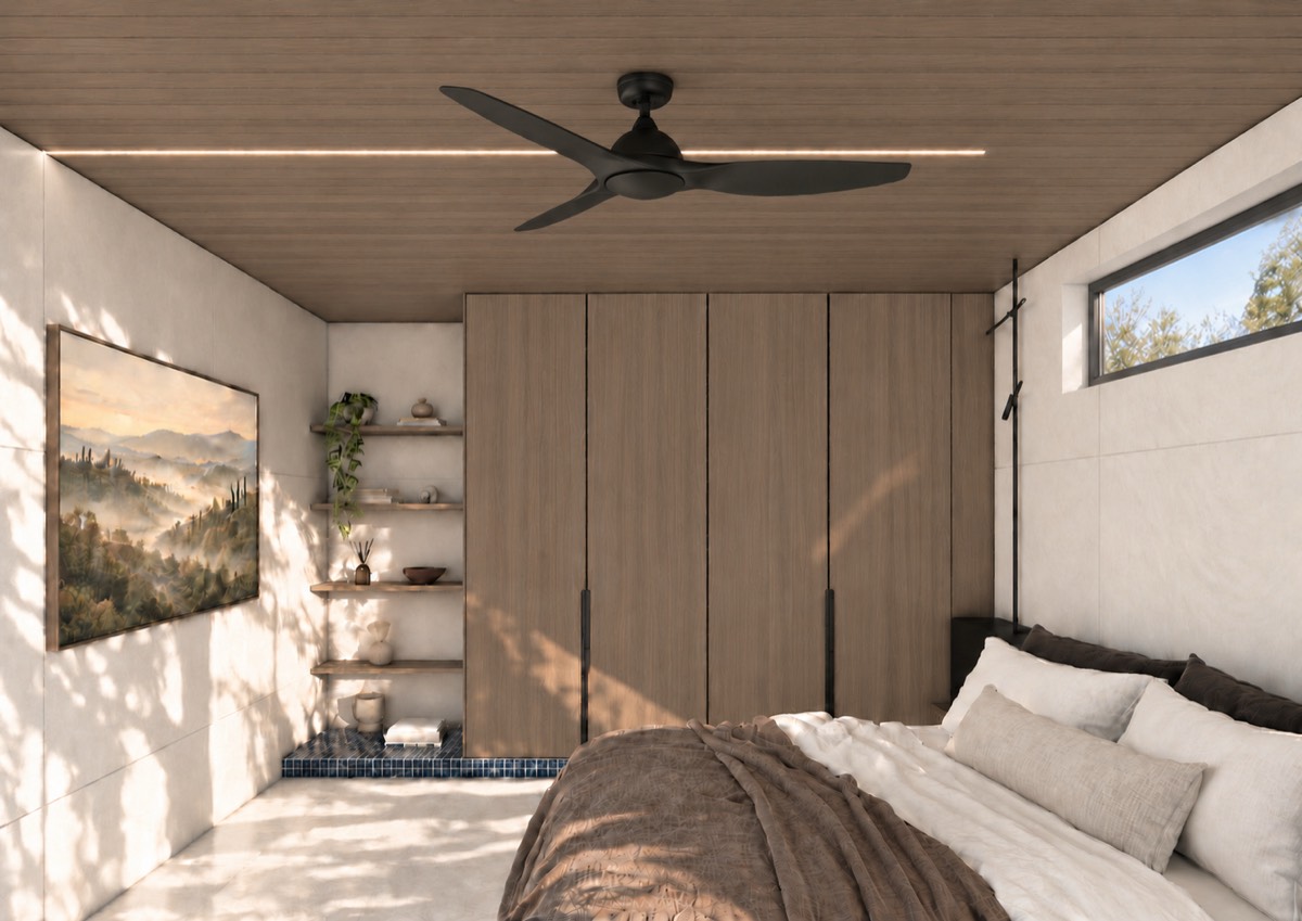 The bedroom of SOLUM Plus in Tide, with raw walnut joinery