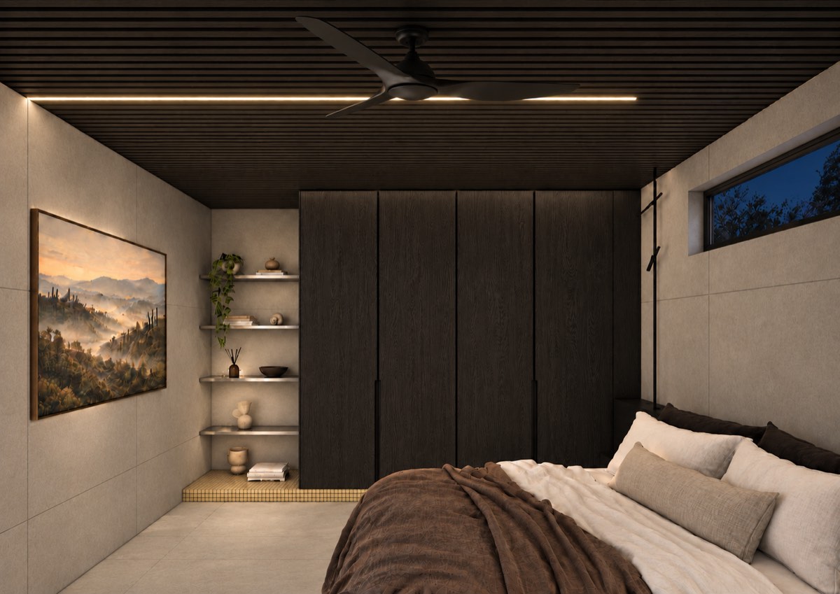 The bedroom of SOLUM Plus in Vine, with dark oak joinery, after dark