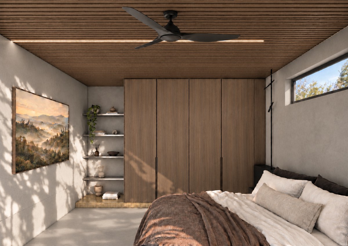 The bedroom of SOLUM Plus in Vine, with raw walnut joinery