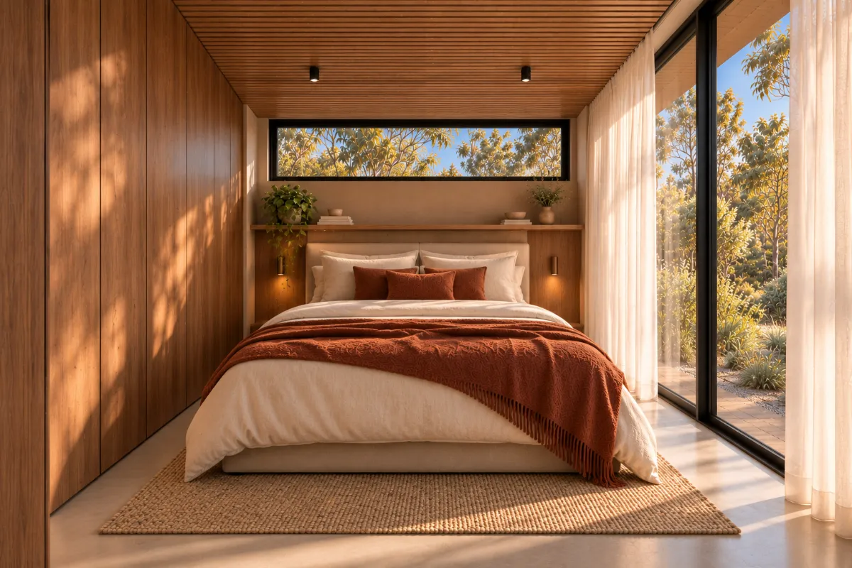 The bedroom of SOLUM Plus, with raw walnut joinery