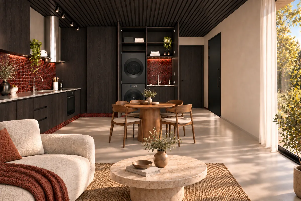 The kitchen, laundry and dining of SOLUM Plus in Burgundy, with dark oak joinery
