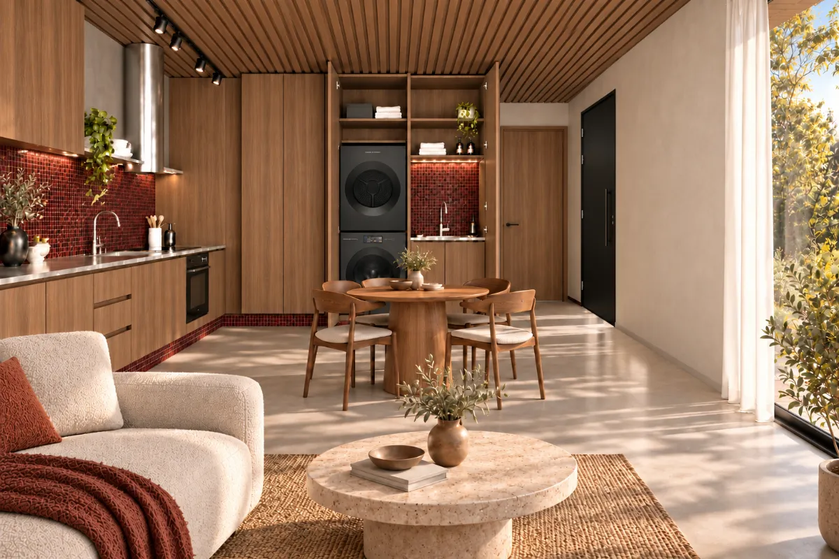 The kitchen, laundry and dining of SOLUM Plus in Burgundy, with raw walnut joinery