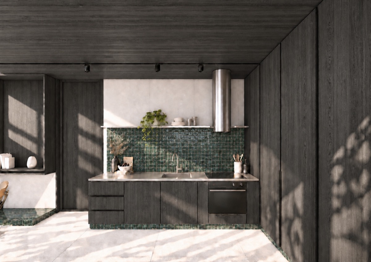 The kitchen of SOLUM Plus in Sage, with dark oak joinery