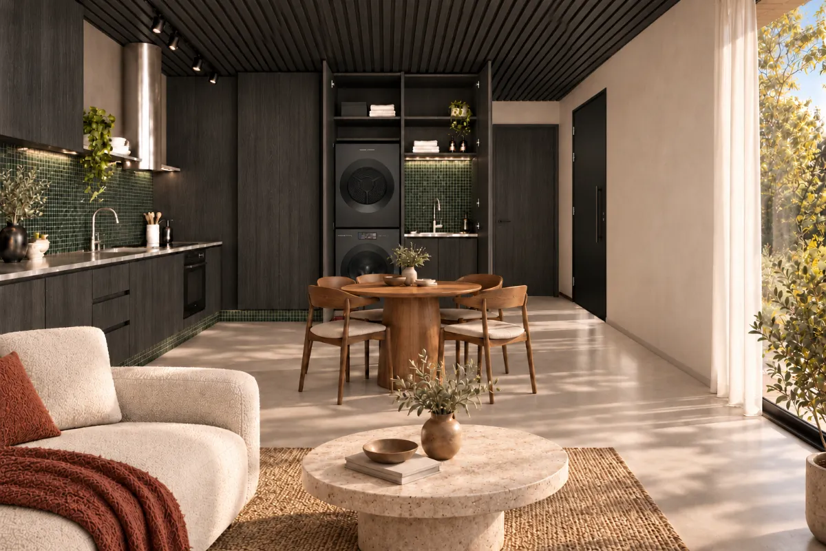 The kitchen, laundry and dining of SOLUM Plus in Sage, with dark oak joinery