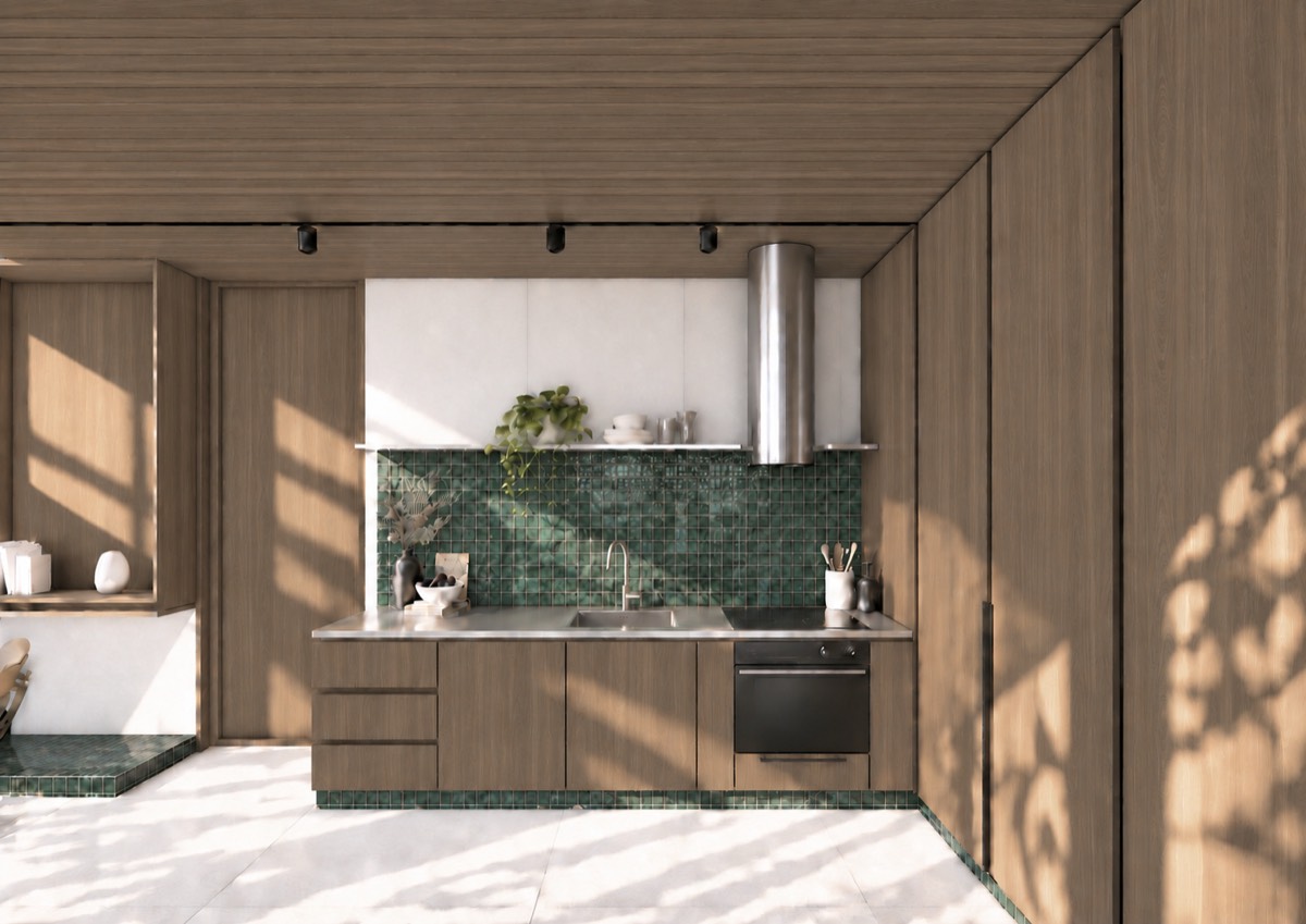 The kitchen of SOLUM Plus in Sage, with raw walnut joinery