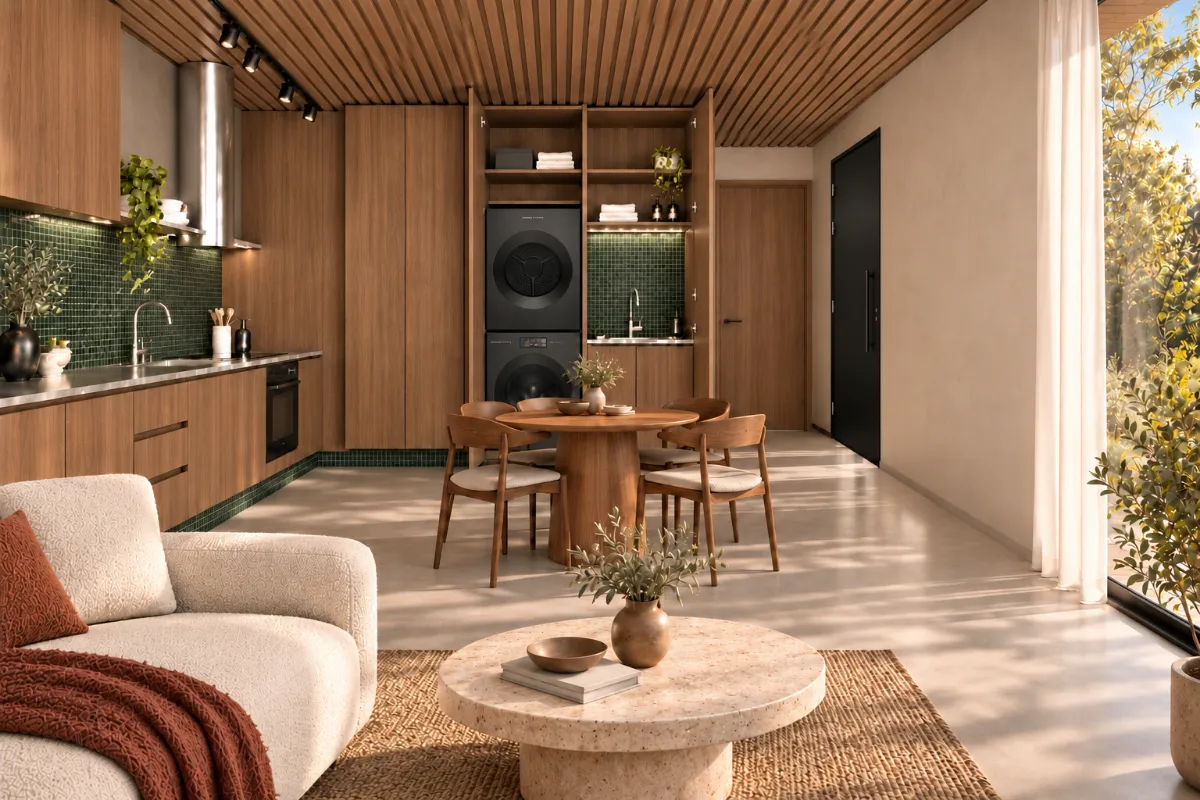 The kitchen, laundry and dining of SOLUM Plus in Sage, with raw walnut joinery