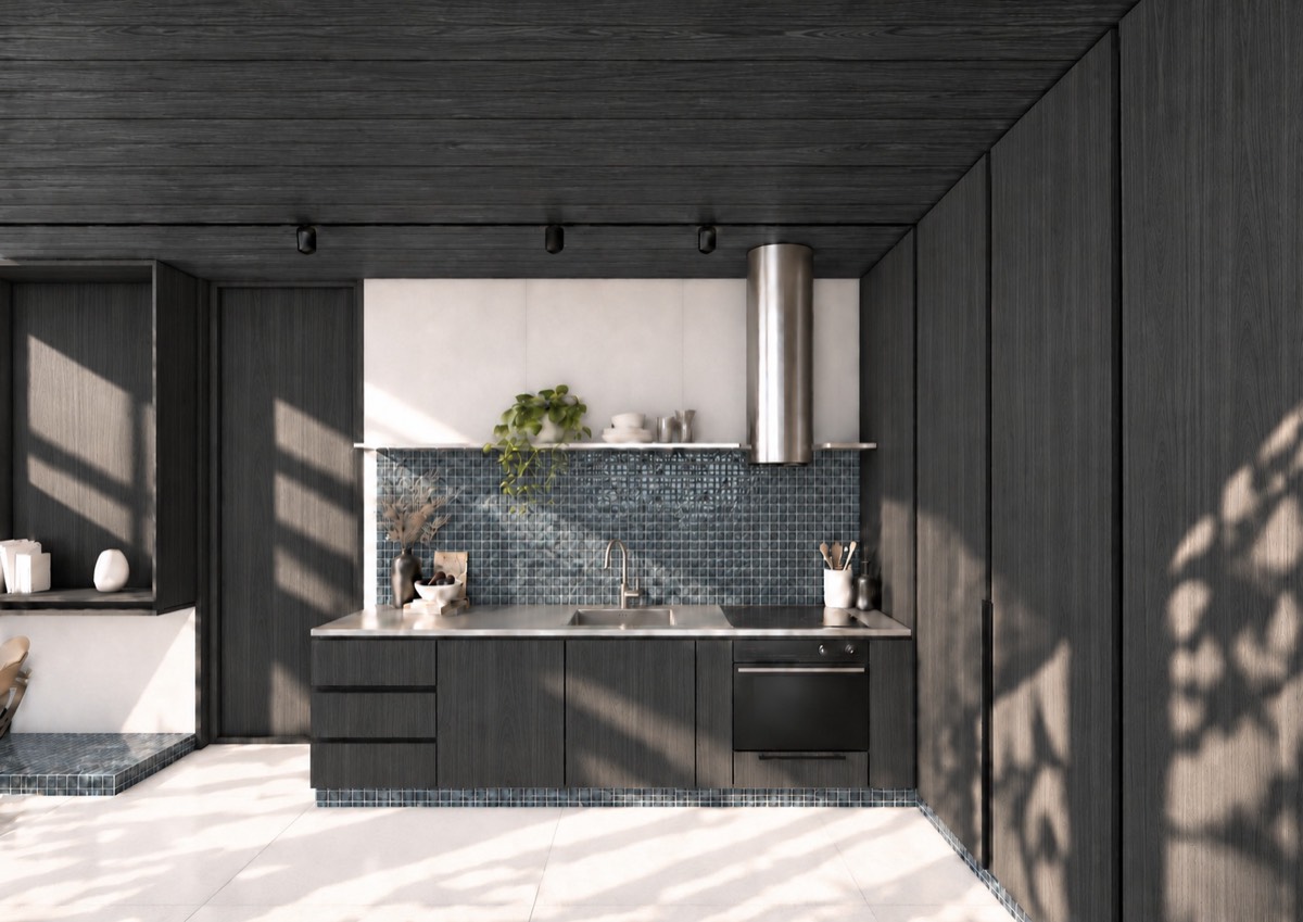 The kitchen of SOLUM Plus in Tide, with dark oak joinery
