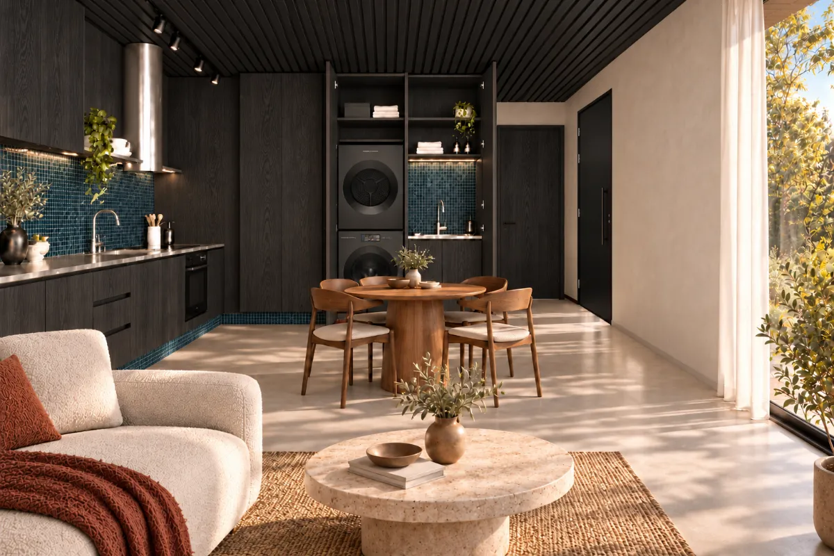 The kitchen, laundry and dining of SOLUM Plus in Tide, with dark oak joinery