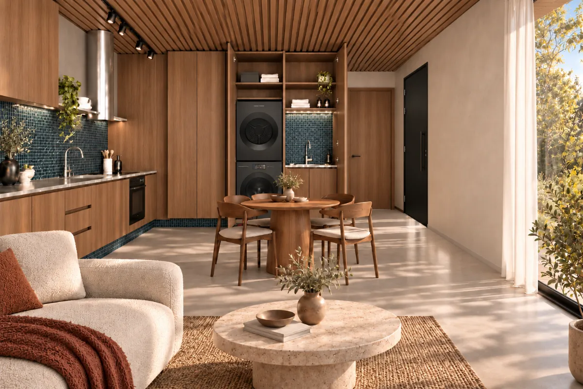 The kitchen, laundry and dining of SOLUM Plus in Tide, with raw walnut joinery