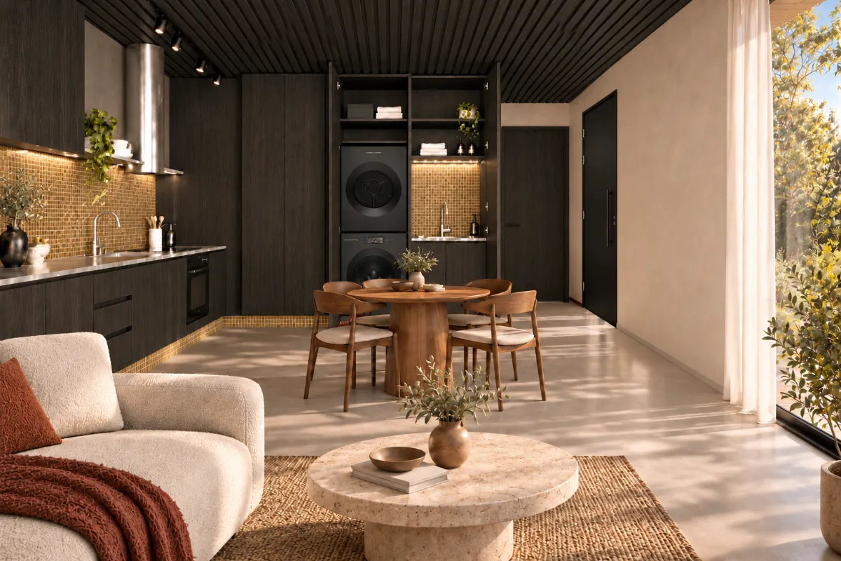 The kitchen, laundry and dining of SOLUM Plus in Vine, with dark oak joinery