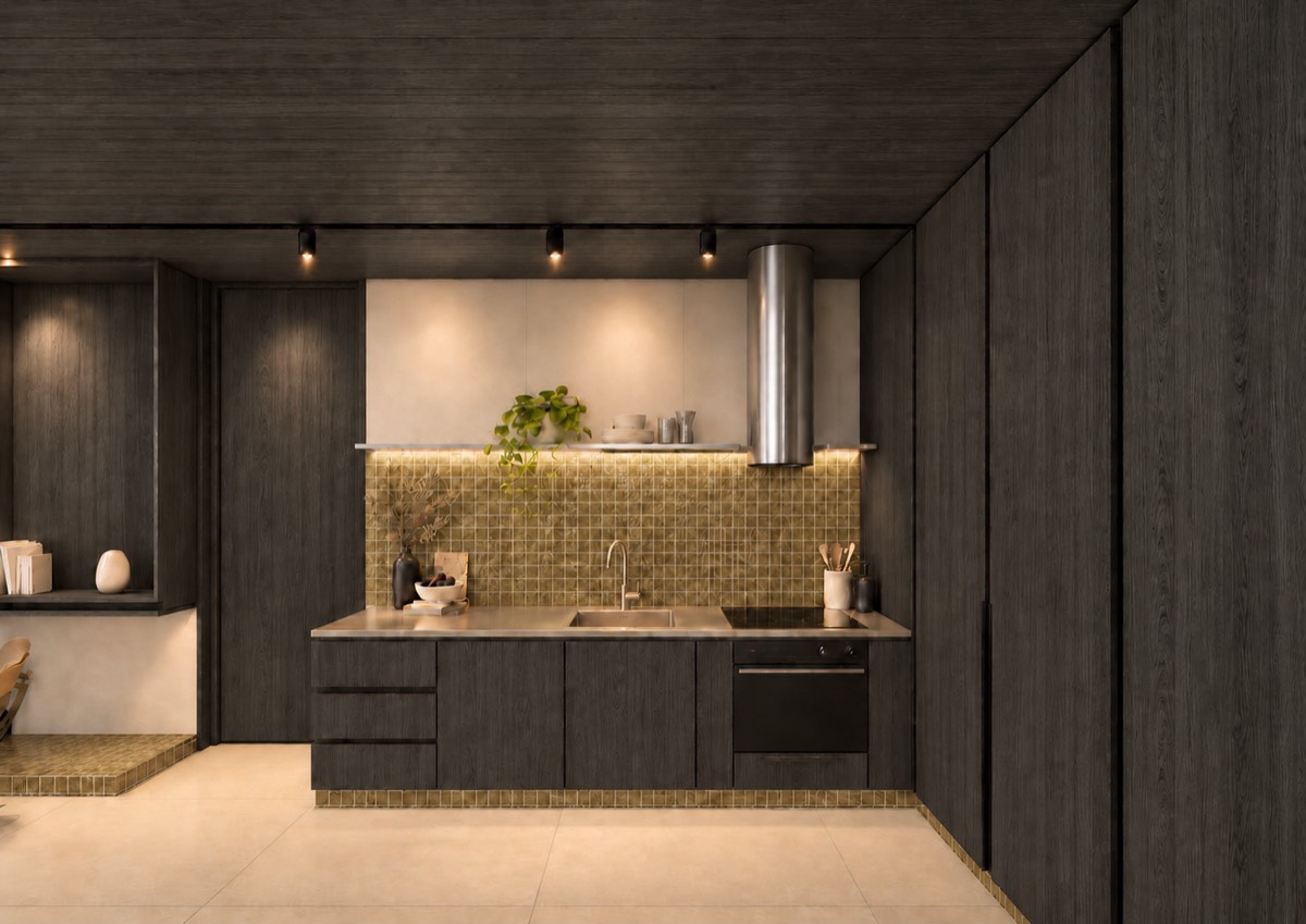 The kitchen of SOLUM Plus in Vine, with dark oak joinery, after dark