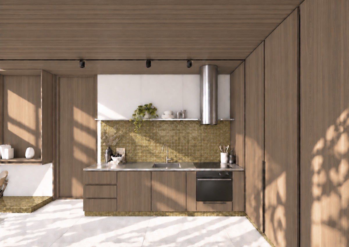 The kitchen of SOLUM Plus in Vine, with raw walnut joinery