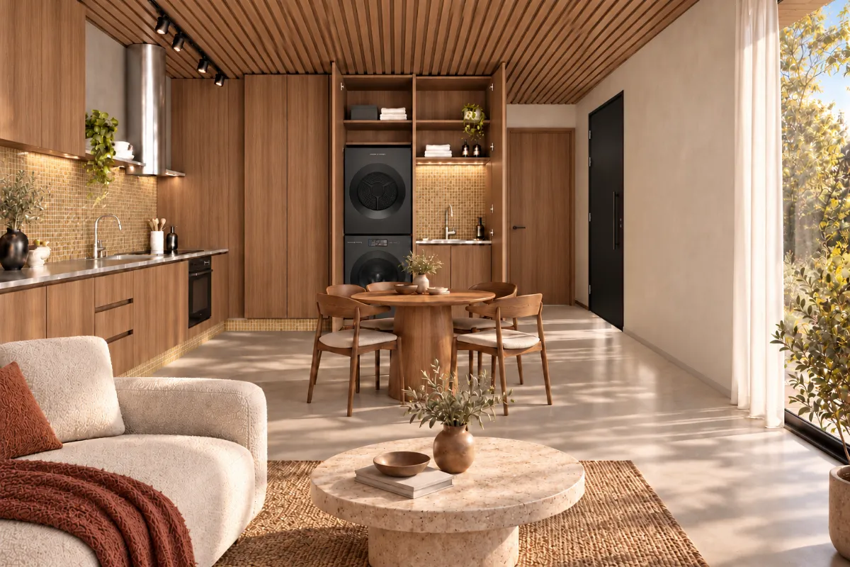 The kitchen, laundry and dining of SOLUM Plus in Vine, with raw walnut joinery