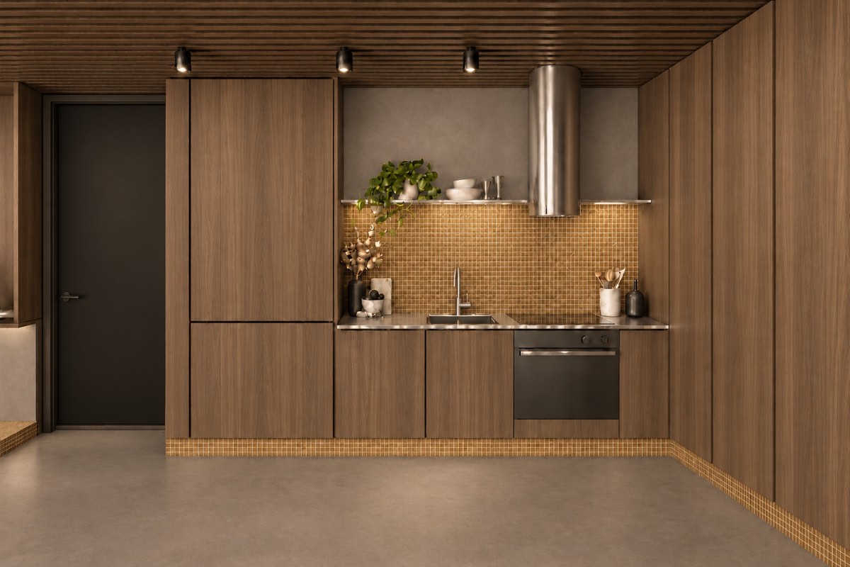 The kitchen of SOLUM Plus in Vine, with raw walnut joinery, after dark