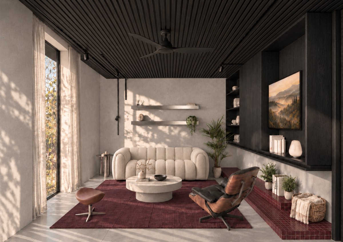The living room of SOLUM Plus in Burgundy, with dark oak joinery