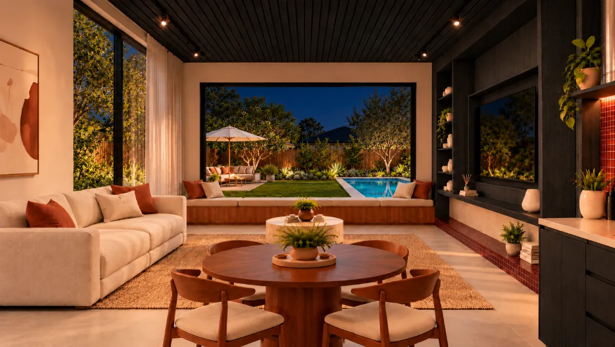 The living room of SOLUM Plus in Burgundy, with dark oak joinery, after dark