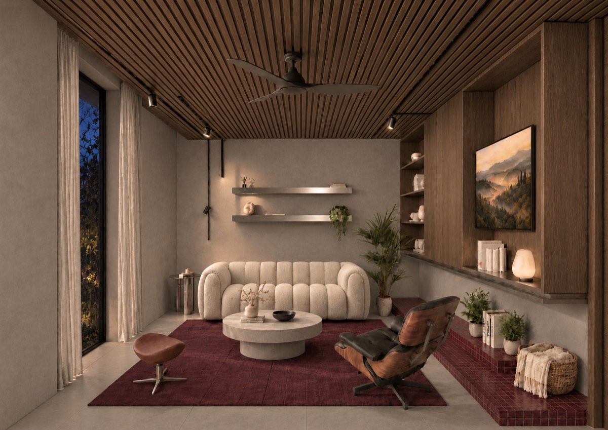 The living room of SOLUM Plus in Burgundy, with raw walnut joinery, after dark