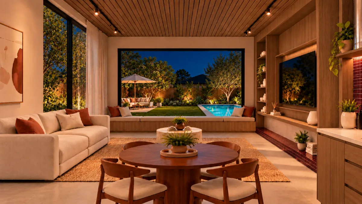 The living room of SOLUM Plus in Burgundy, with raw walnut joinery, after dark