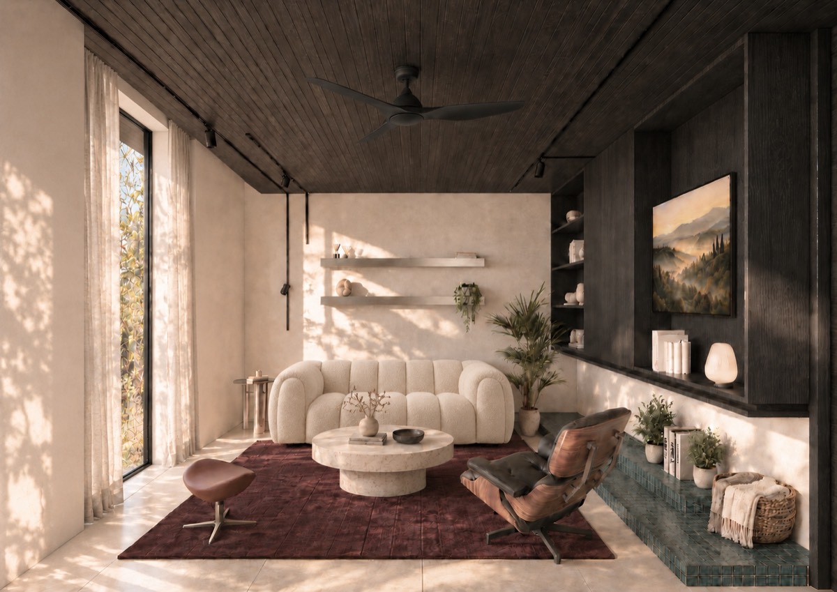 The living room of SOLUM Plus in Sage, with dark oak joinery