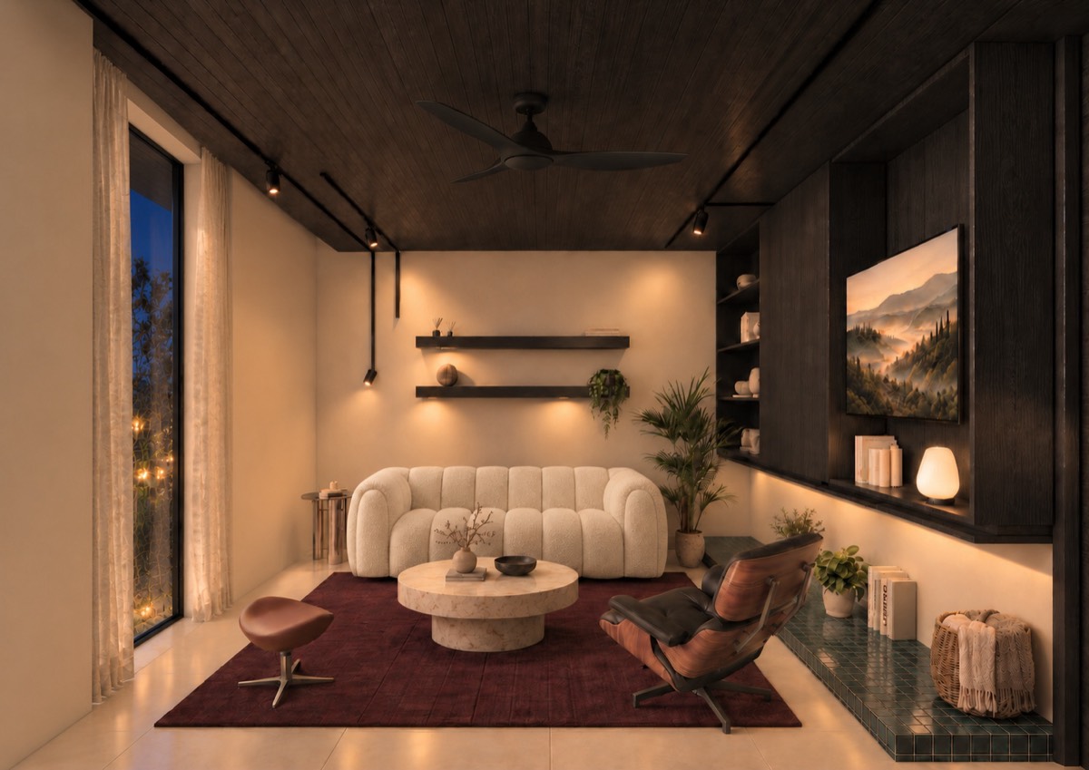 The living room of SOLUM Plus in Sage, with dark oak joinery, after dark