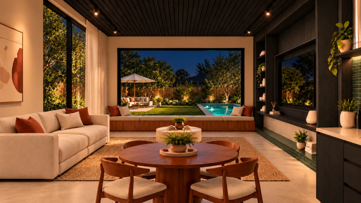 The living room of SOLUM Plus in Sage, with dark oak joinery, after dark
