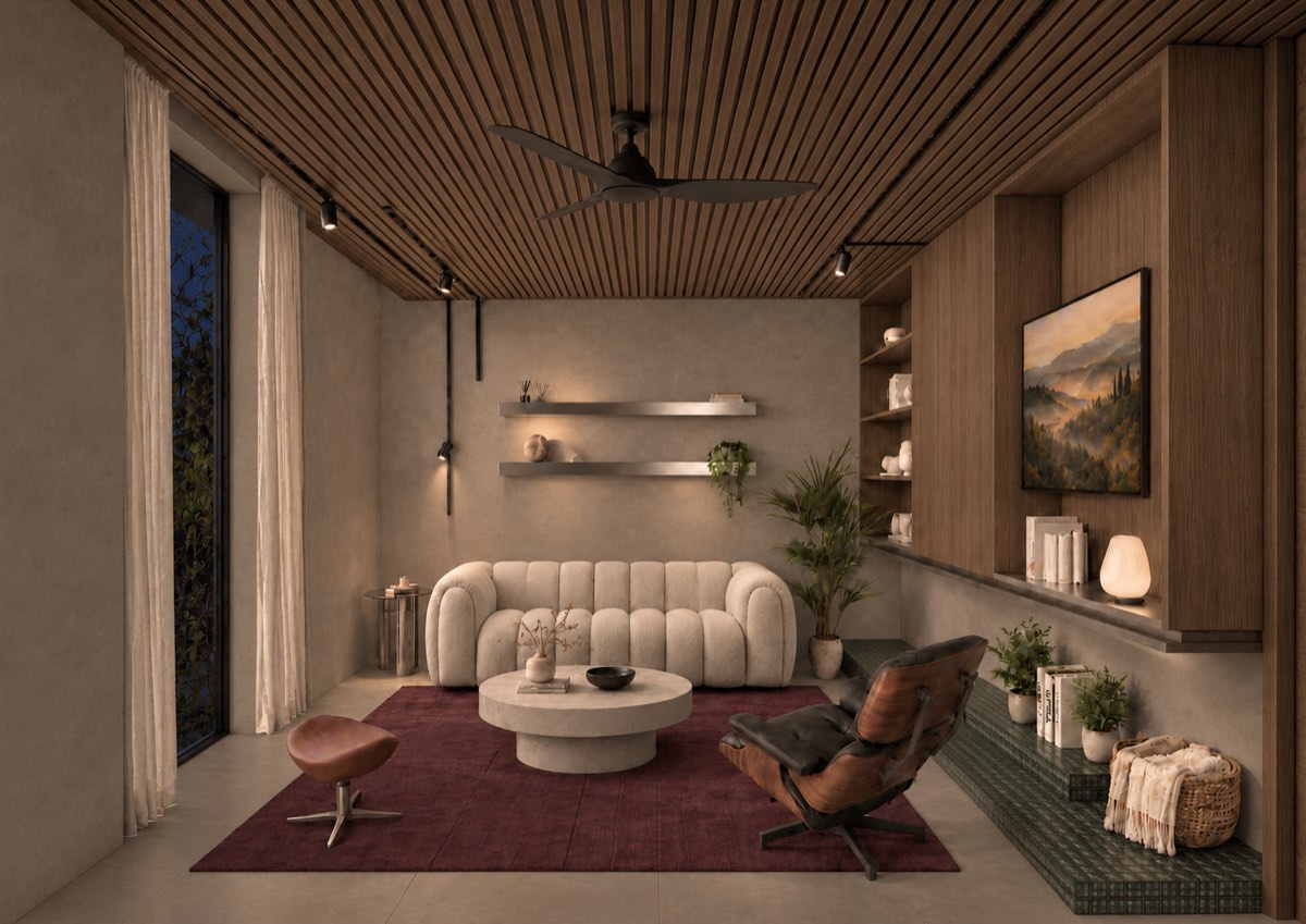 The living room of SOLUM Plus in Sage, with raw walnut joinery, after dark