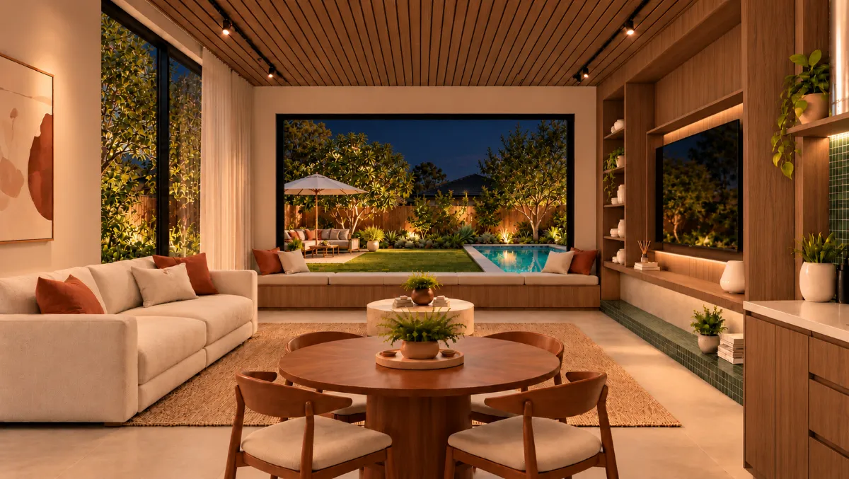 The living room of SOLUM Plus in Sage, with raw walnut joinery, after dark