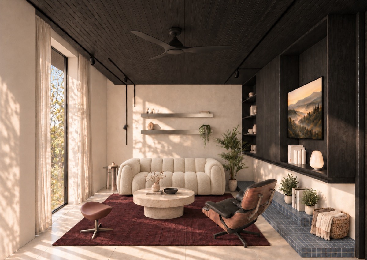 The living room of SOLUM Plus in Tide, with dark oak joinery