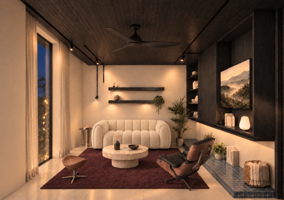 The living room of SOLUM Plus in Tide, with dark oak joinery, after dark