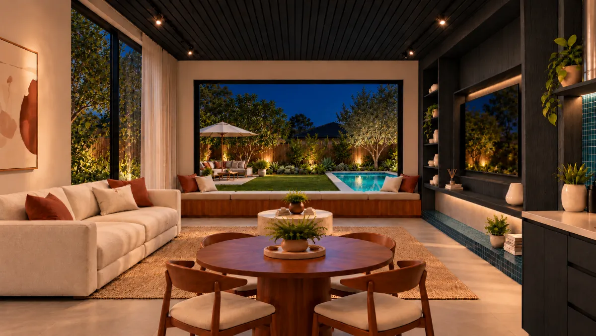 The living room of SOLUM Plus in Tide, with dark oak joinery, after dark