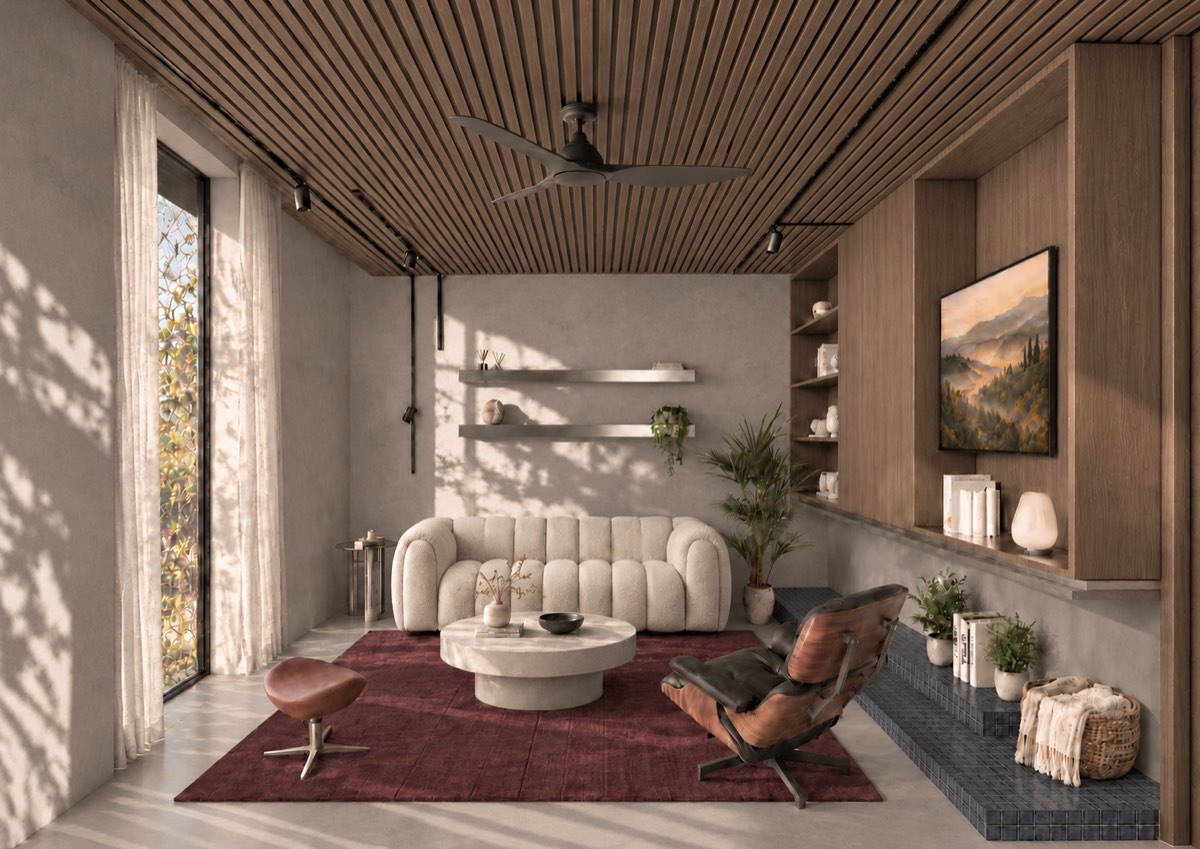 The living room of SOLUM Plus in Tide, with raw walnut joinery