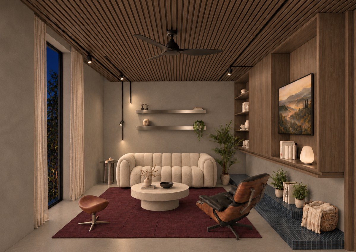 The living room of SOLUM Plus in Tide, with raw walnut joinery, after dark