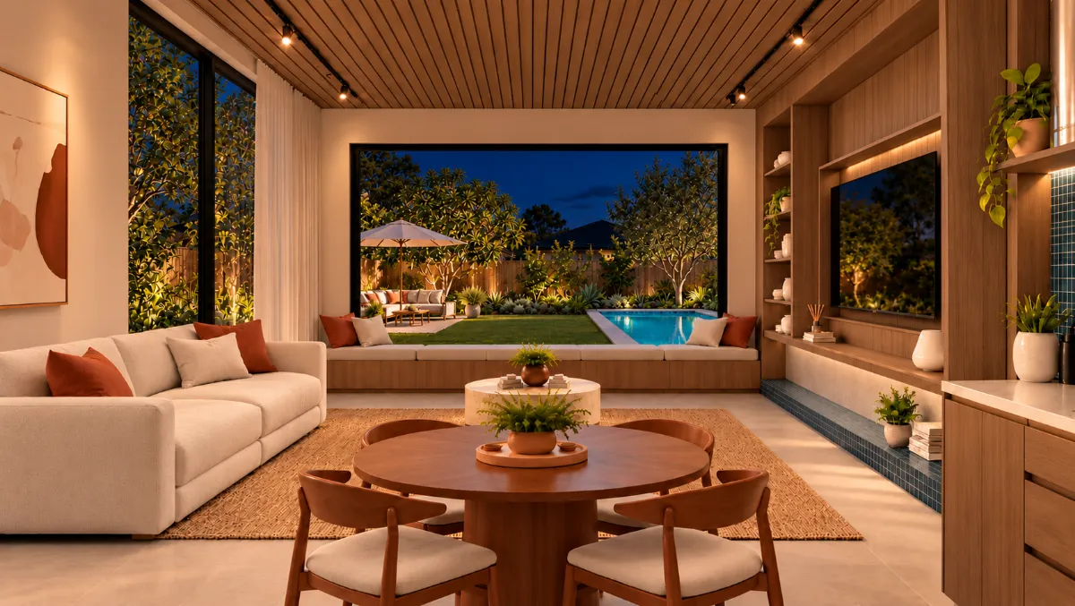 The living room of SOLUM Plus in Tide, with raw walnut joinery, after dark