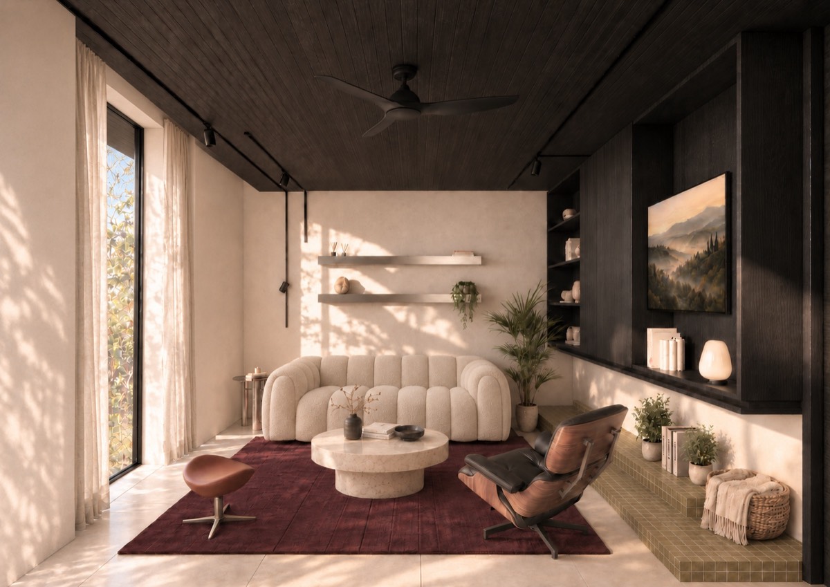 The living room of SOLUM Plus in Vine, with dark oak joinery