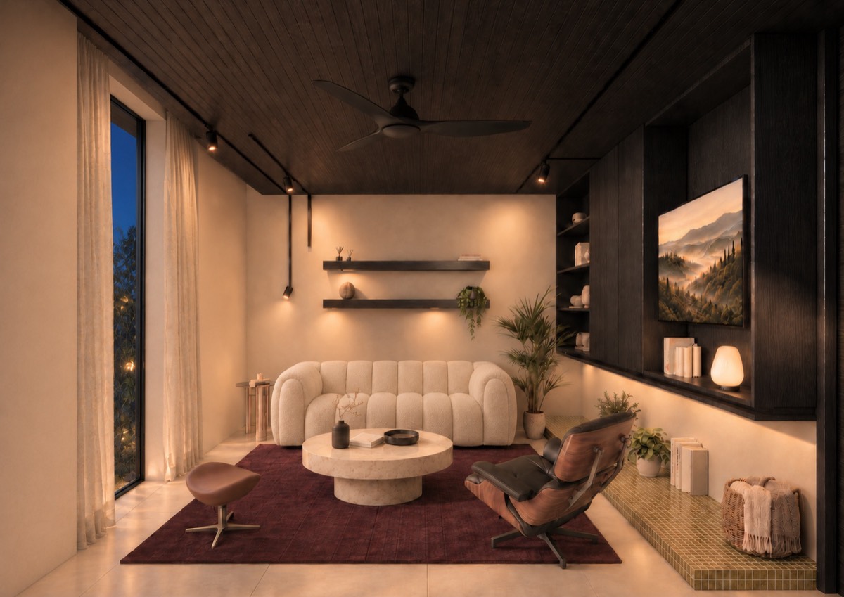 The living room of SOLUM Plus in Vine, with dark oak joinery, after dark