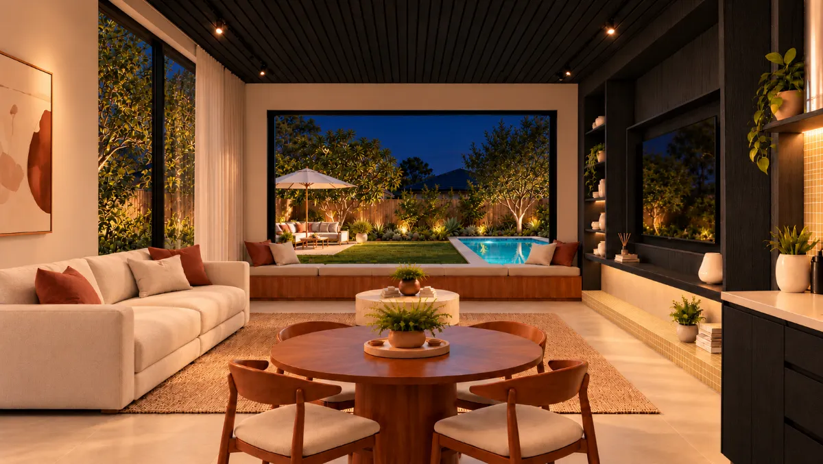 The living room of SOLUM Plus in Vine, with dark oak joinery, after dark