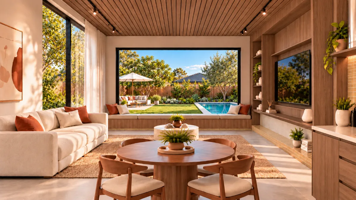 The living room of SOLUM Plus in Vine, with raw walnut joinery