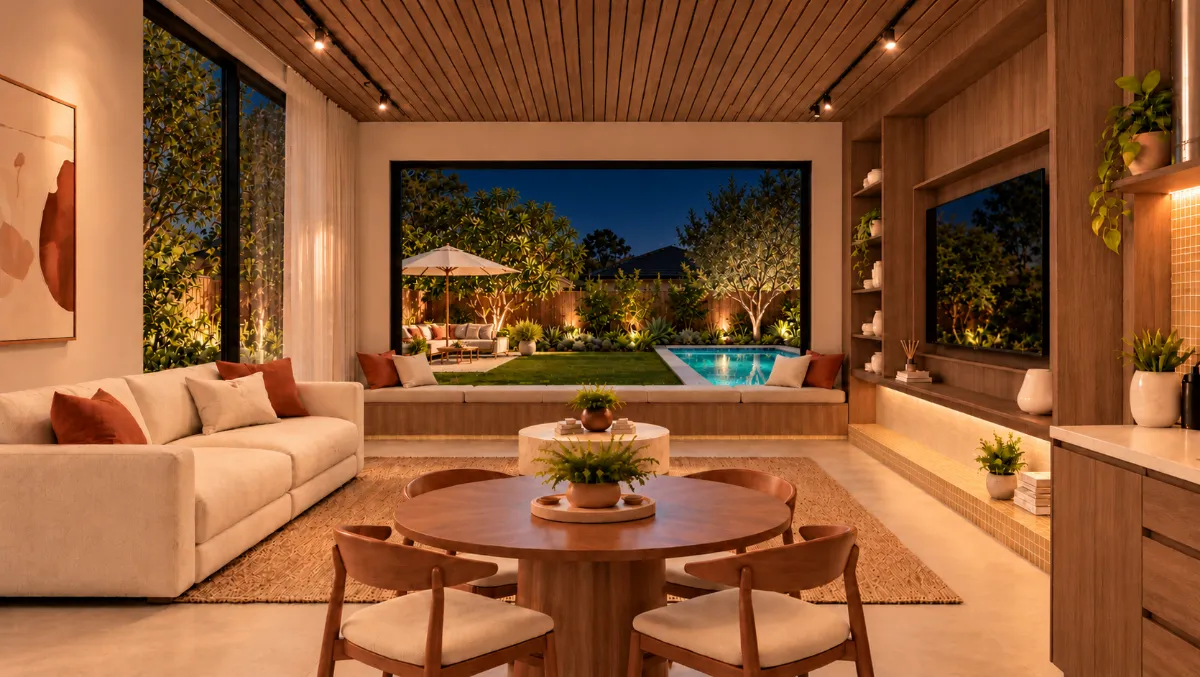The living room of SOLUM Plus in Vine, with raw walnut joinery, after dark