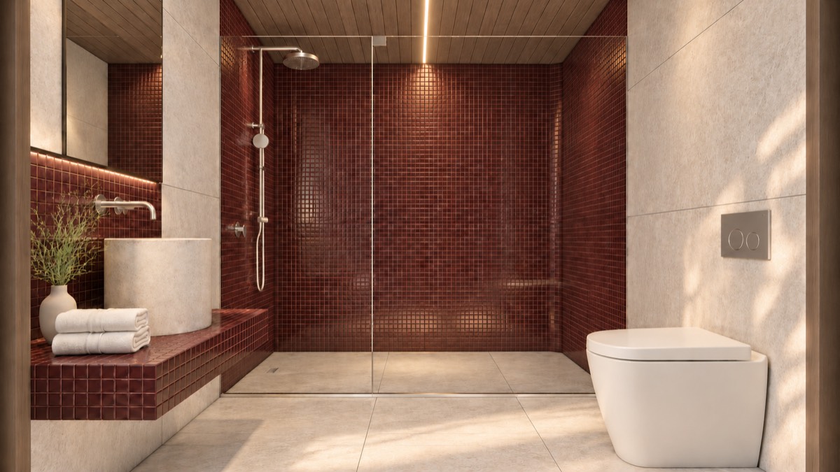 The bathroom of SOLUM Studio in Burgundy, with raw walnut joinery