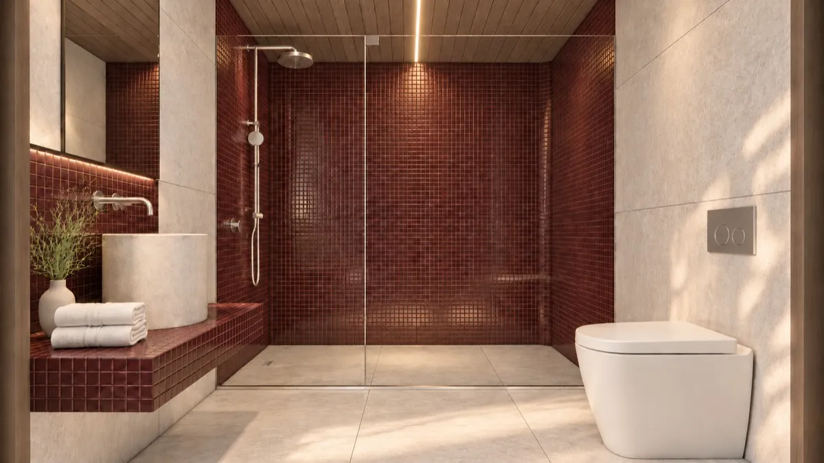 The bathroom of SOLUM Studio in Burgundy, with raw walnut joinery