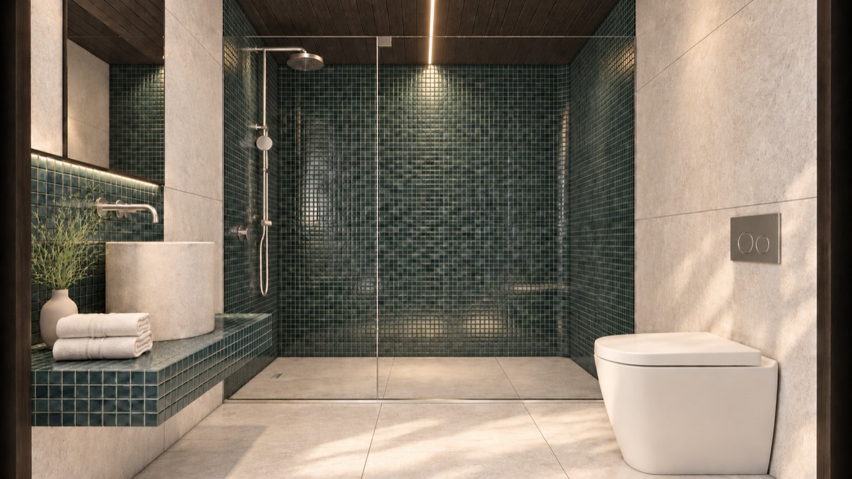 The bathroom of SOLUM Studio in Sage, with dark oak joinery
