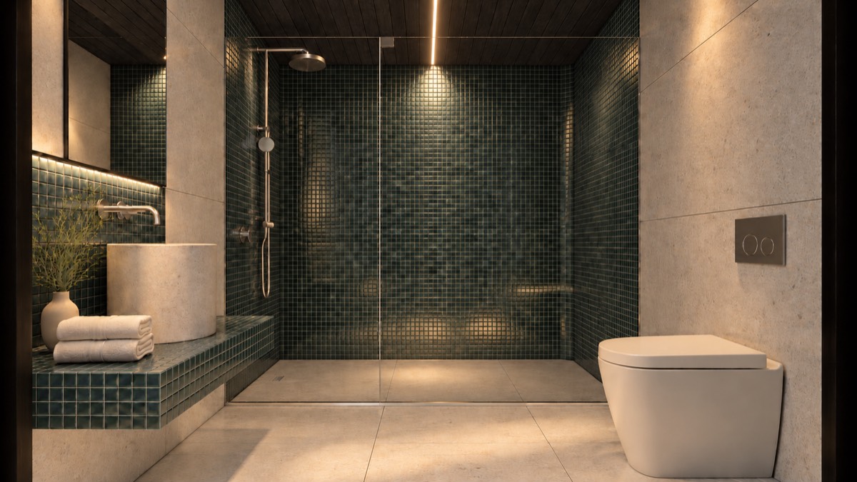 The bathroom of SOLUM Studio in Sage, with dark oak joinery, after dark