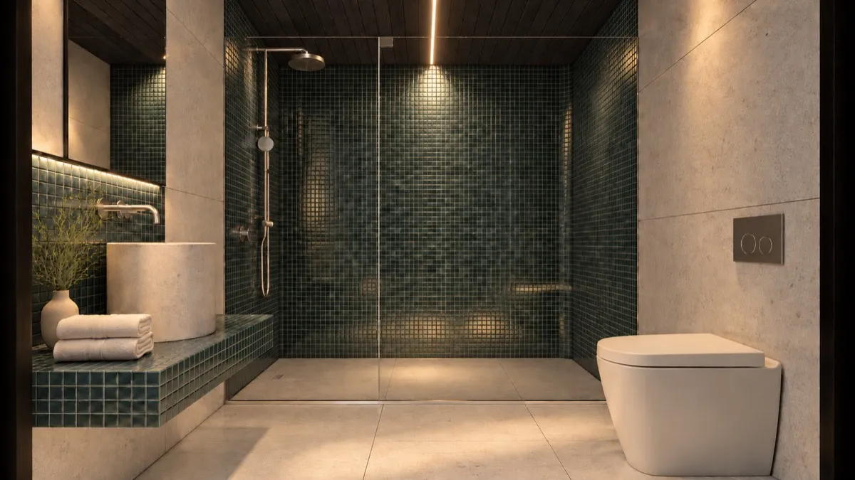 The bathroom of SOLUM Studio in Sage, with dark oak joinery, after dark