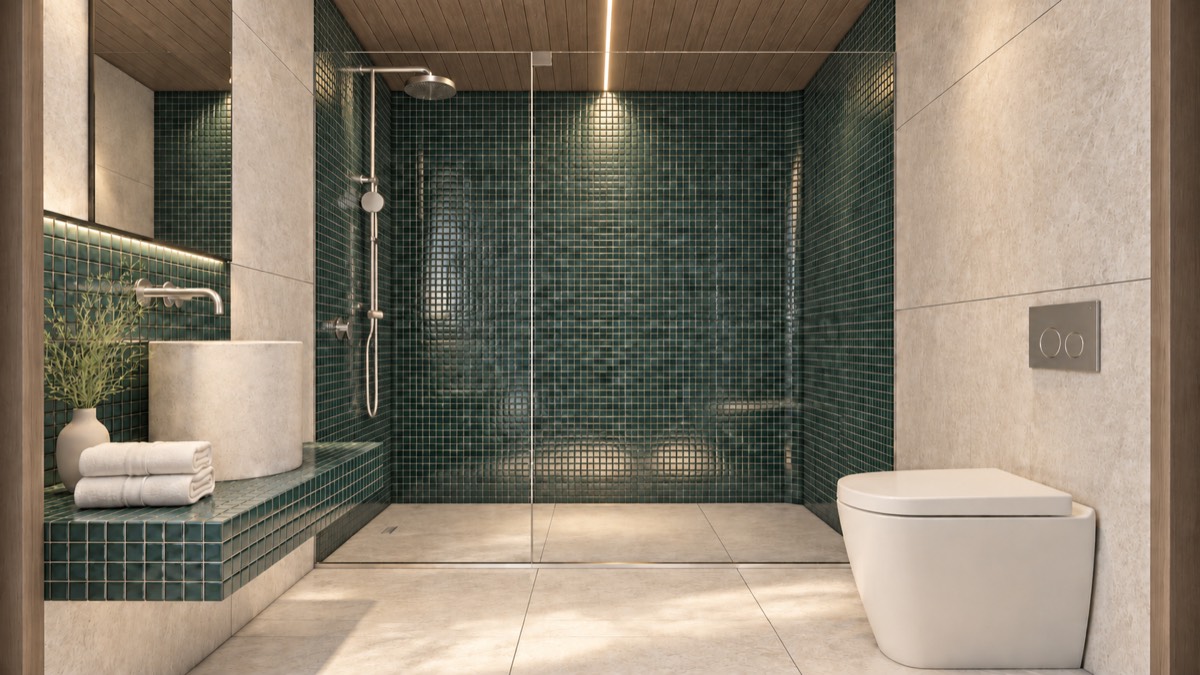 The bathroom of SOLUM Studio in Sage, with raw walnut joinery