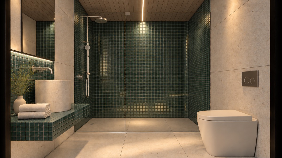 The bathroom of SOLUM Studio in Sage, with raw walnut joinery, after dark