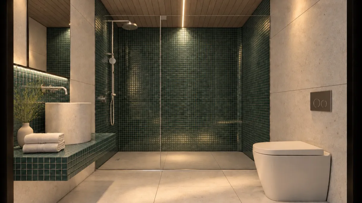 The bathroom of SOLUM Studio in Sage, with raw walnut joinery, after dark